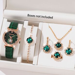6PCS Set Green Luxury Quartz Watch Women Ring Necklace Earri
