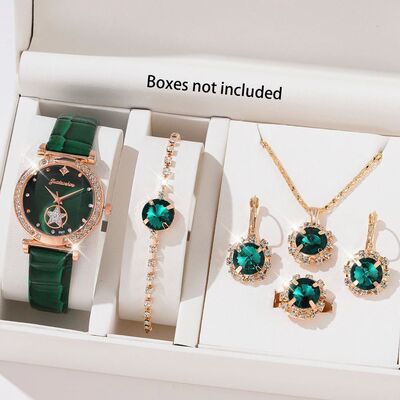 6PCS Set Green Luxury Quartz Watch Women Ring Necklace Earri