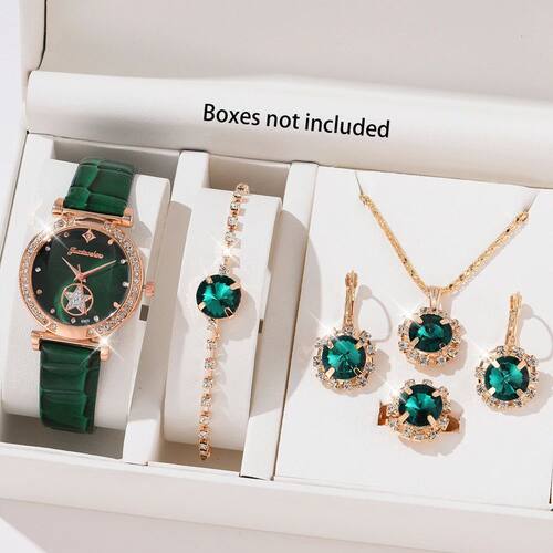 6PCS Set Green Luxury Quartz Watch Women Ring Necklace Earri