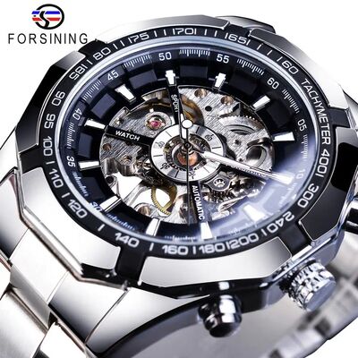 Forsining 2021 Stainless Steel Waterproof Mens Skeleton Watc