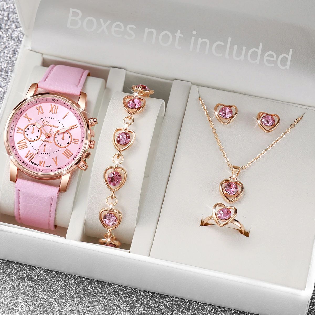 5PCS/Set Fashion Women Watch Rhinestone Heart Jewelry Set Ge