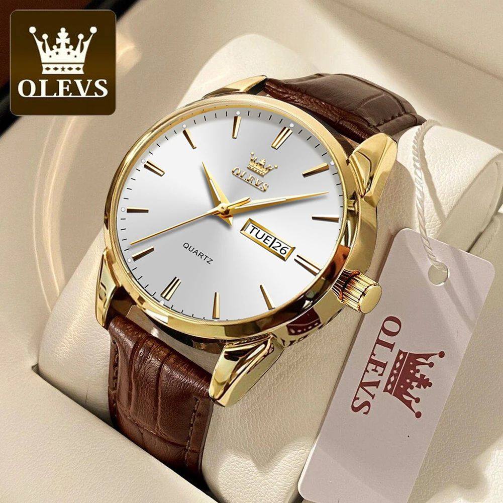 OLEVS Classic Quartz Watch for Men Waterproof Leather strap