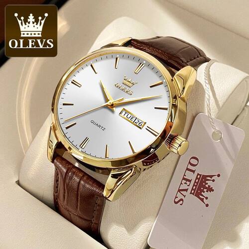 OLEVS Classic Quartz Watch for Men Waterproof Leather strap