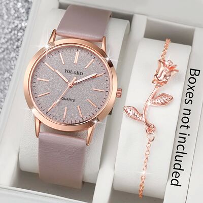 2PCS/Set Women's Watch Shiny Fashion PU Leather Analog Quart