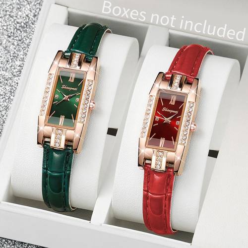2PCS/Set Women's Watches Fashion Rectangle Leather Band Quar