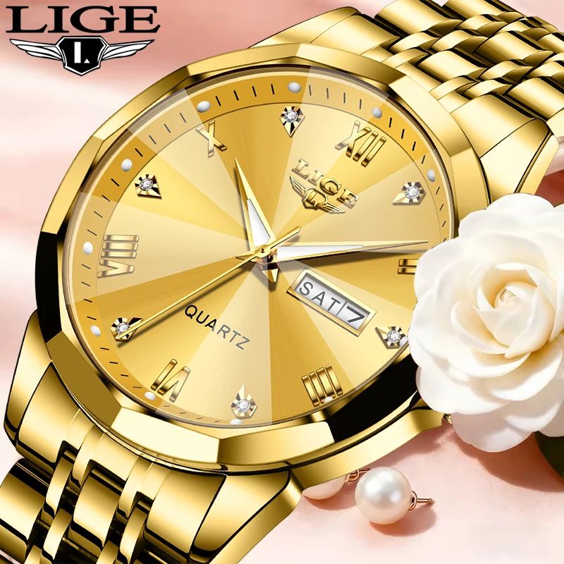 LIGE New Luxury Diamond Watch for Women Gold Stainless Steel