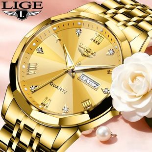 LIGE New Luxury Diamond Watch for Women Gold Stainless Steel