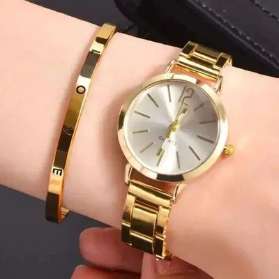 2pcs Set Luxury Watch for Women Simple Round Dial Stainless