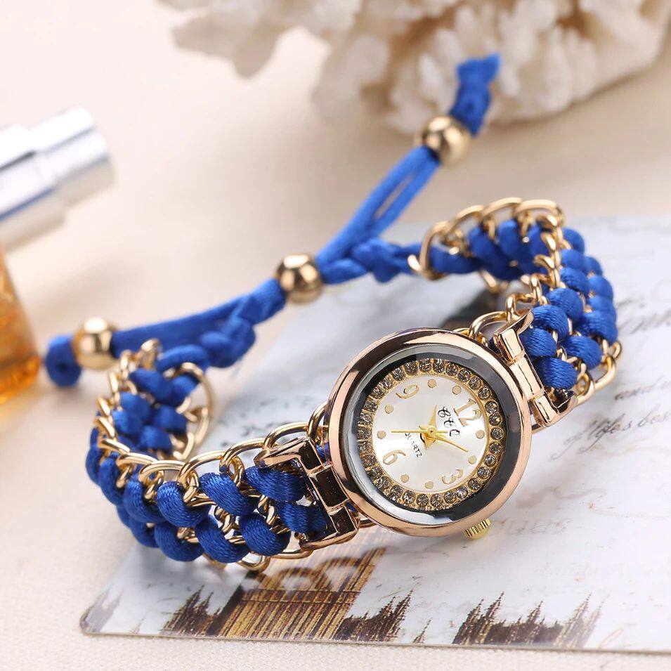 Fashion Rhinestone Women Watches Braided Rope Bracelet Ladie