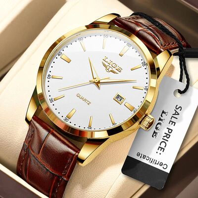 LIGE Fashion Brown Leather Watch Men Military Sports Men's Q