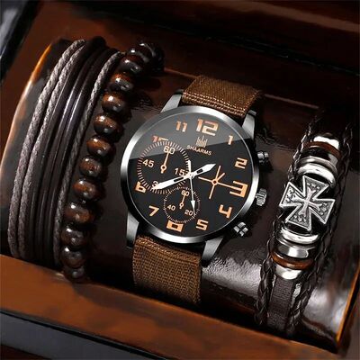 4Pcs Set Luxury Watches Men Black Sports Big Dial Watch Leat