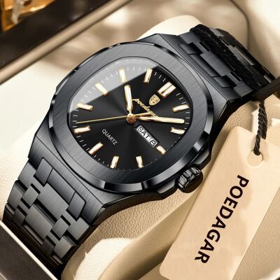 POEDAGAR Original Square Watches For Men Week Date Stainless