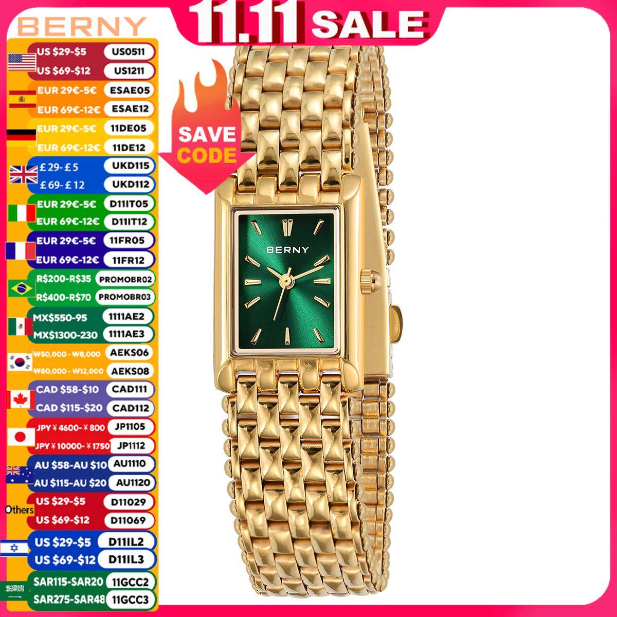 BERNY Gold Watch for Women Exquisite Square Casual Women Wat