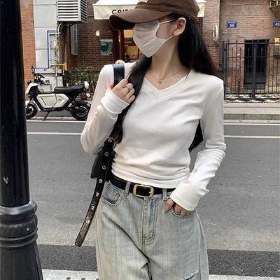 美式复古白色正肩V领纯棉长袖t恤