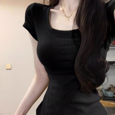 纯棉u领修身显瘦纯欲短袖t恤女2025新款设计感酷飒拽姐穿搭上衣服