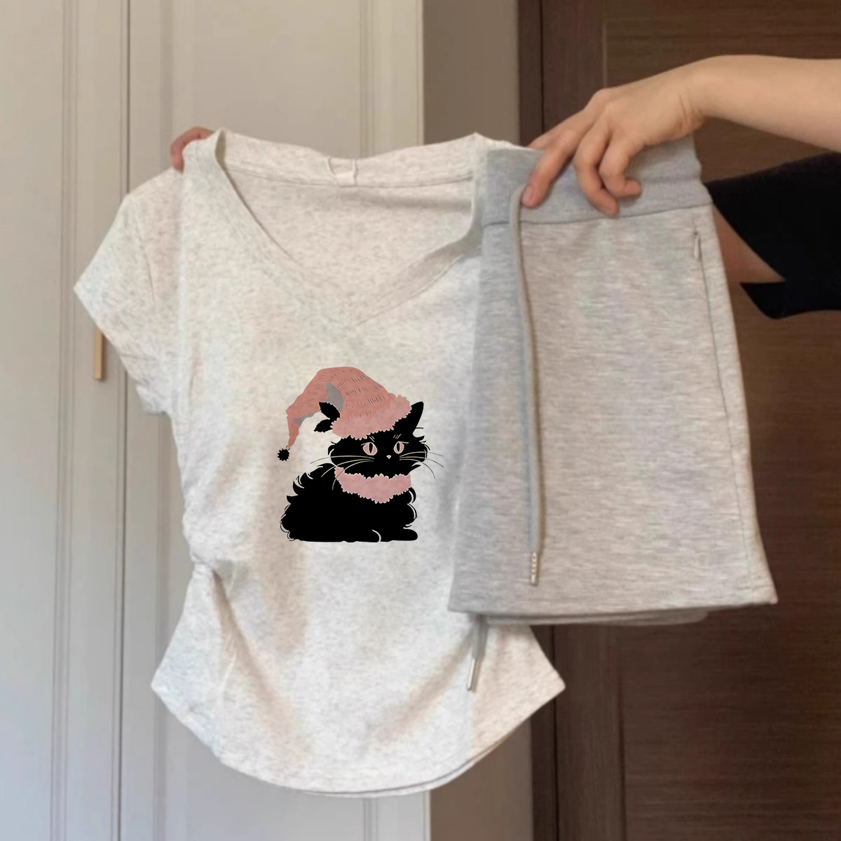 纯棉v领短袖t恤女正肩夏季掐腰设计感修身显瘦高级小众不撞衫上衣