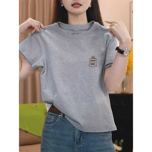 夏季 今年流行漂亮 t恤女2026新款 灰色纯棉短袖 韩系穿搭上衣 女装