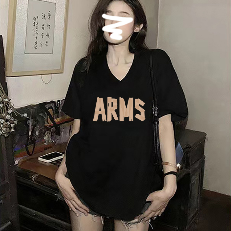黑色正肩V领纯棉短袖t恤女装2025新款夏季宽松休闲设计感小众上衣