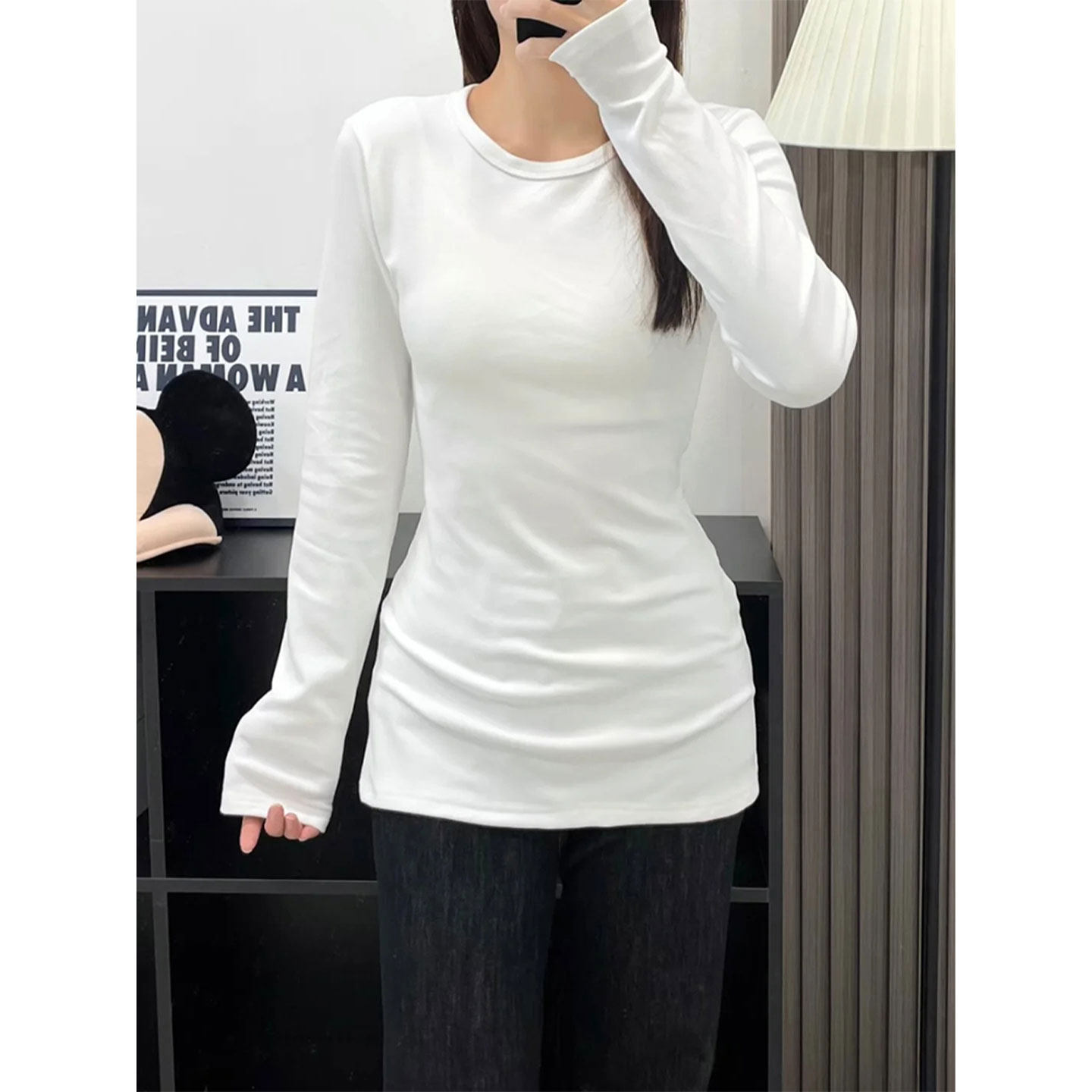 白色纯棉长袖t恤女秋冬季内搭打底衫中长款遮屁股洋气上衣可外穿