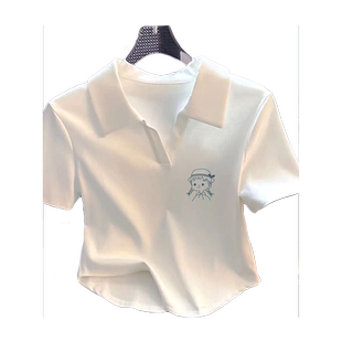 纯棉修身V领短款上衣女装2026早春新款夏季Polo领小衫正肩短袖t恤