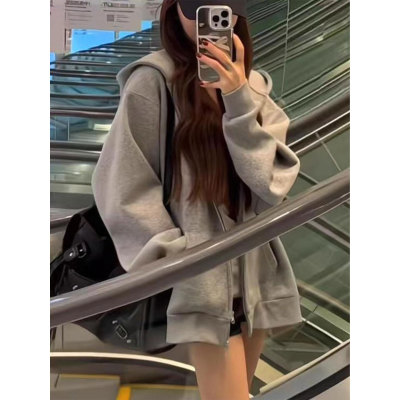 灰色连帽卫衣女2025新款今年流行爆款时尚洋气秋冬季加绒加厚外套