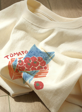 奶黄色纯棉短袖t恤女夏季美式复古oversize小众设计高级感上衣服