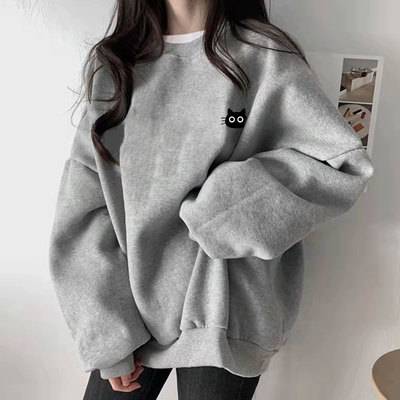 秋冬季加绒加厚灰色无帽女士卫衣2025新款爆款时尚洋气长袖上衣服