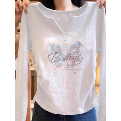 小v领正肩长袖t恤女2025新款冬季加绒内搭打底衫早秋穿搭单穿上衣