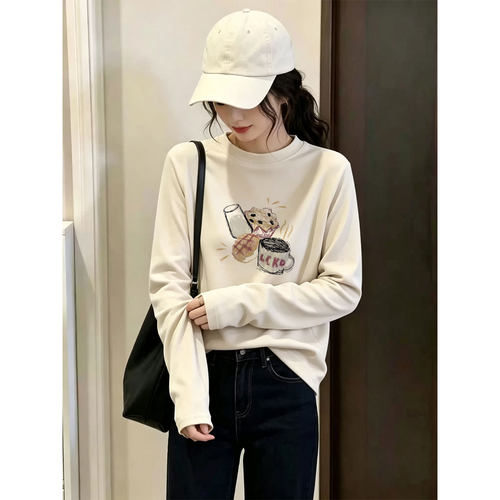 纯棉长袖白t恤女装2026新款秋季磨毛内搭打底衫小众极简韩系穿搭