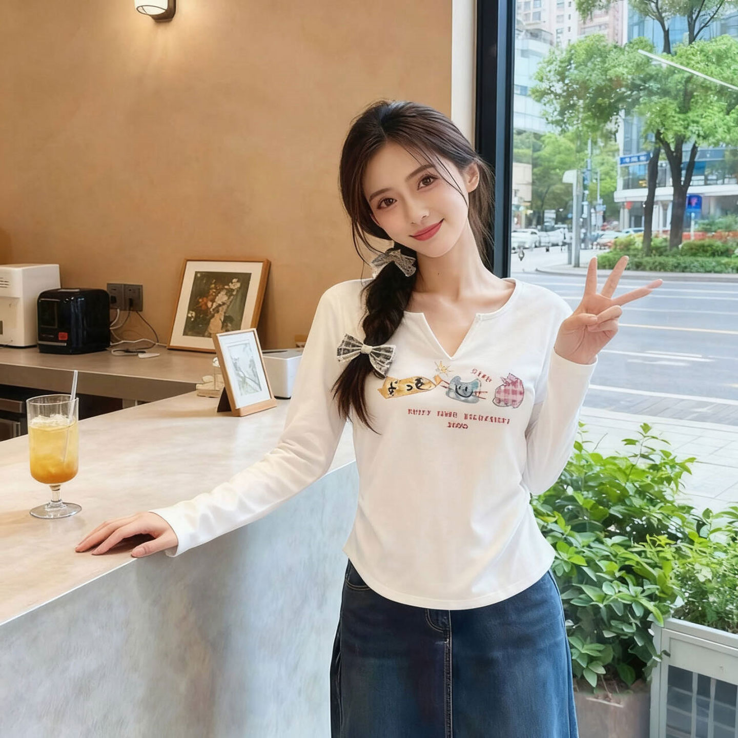 秋冬季加绒小v领内搭打底衫女2025新款长袖t恤短款独特漂亮小上衣