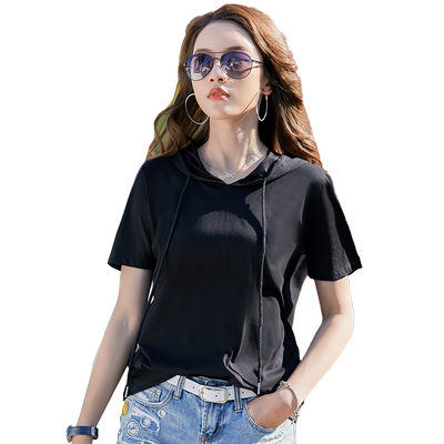 2022夏季新款黑色连帽短袖t恤女