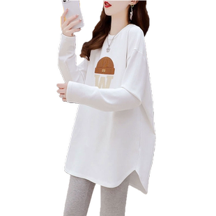 加绒打底衫女秋冬季洋气欧货潮时髦纯棉长袖t恤中长款遮屁股上衣