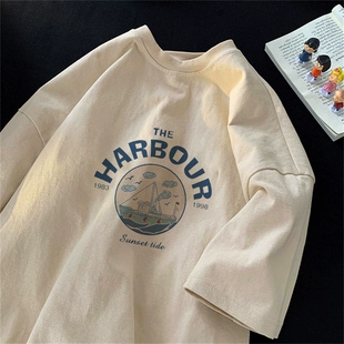 美式 t恤女夏季 复古小众设计感上衣 高级感奶黄色纯棉短袖 2023新款