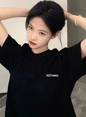 黑色纯棉短袖t恤女2026新款夏季小众设计感字母印花体恤上衣ins潮