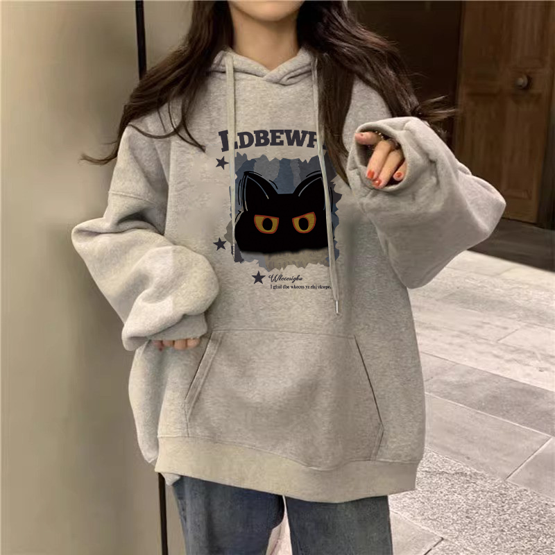 美式复古灰色连帽卫衣女秋冬上衣