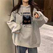 美式 外套加绒加厚上衣 宽松长袖 复古灰色连帽卫衣女秋冬季 2025新款