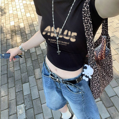 黑色正肩纯棉短袖t恤女2025新款夏季修身小众设计感酷飒拽姐上衣