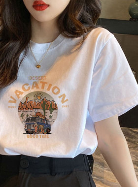 白色纯棉短袖t恤女2026新款夏季复古港味chic小众设计感正肩上衣