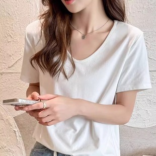 穿搭宽松显瘦上衣 夏天巨好看 白色v领纯棉短袖 t恤女2025新款 美式