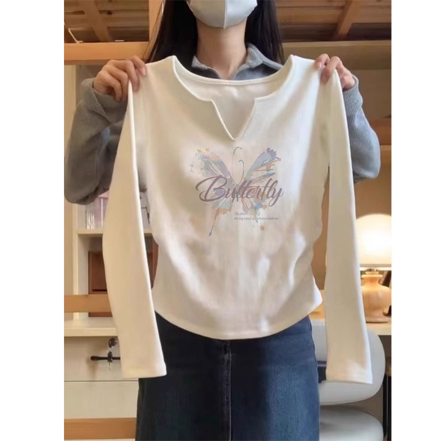 小v领纯棉长袖t恤女2025新款冬季加绒洋气内搭打底衫早秋chic上衣