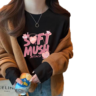 黑色纯棉长袖t恤女秋冬季德绒内搭打底衫加绒甜酷宽松韩版上衣潮