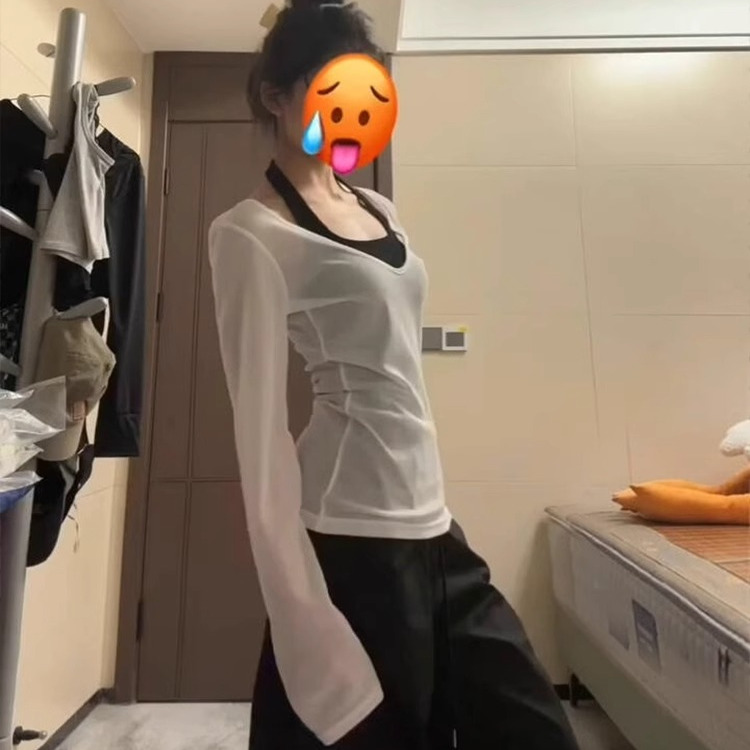 夏日ootd穿搭薄款v领长袖t恤女辣妹性感修身内搭挂脖背心吊带上衣