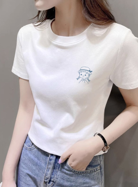 白色短袖t恤女夏季2026新款辣妹小众设计感甜辣短款修身正肩上衣