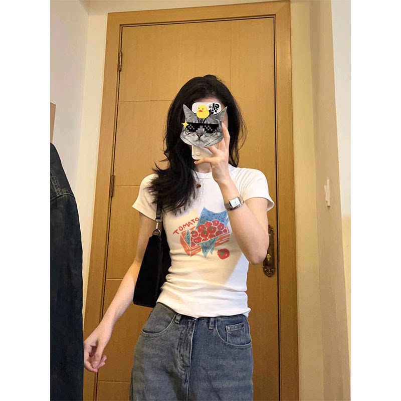 新款夏季正肩修身短袖t恤上衣女图片
