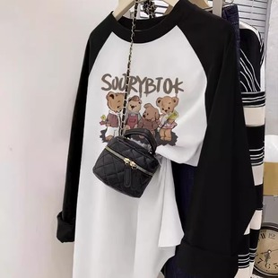 纯棉撞色插肩长袖t恤女2025新款秋冬季宽松打底衫小众设计感上衣