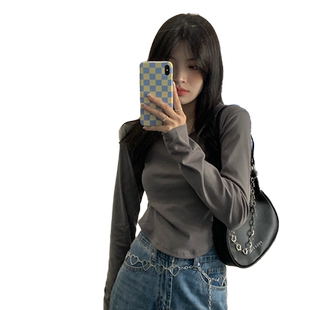 加绒纯欲U型领内搭打底小衫女春秋装冬季甜辣短款紧身长袖t恤上衣