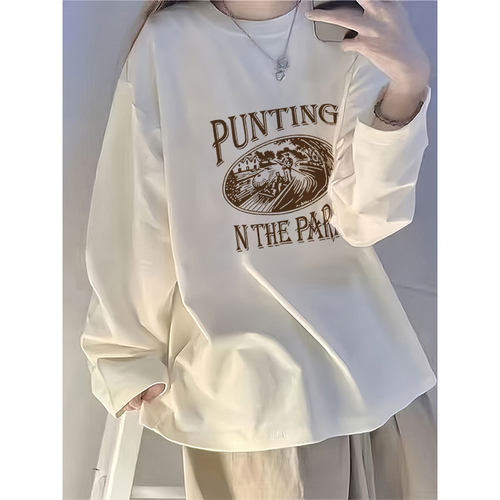 美式潮牌纯棉长袖t恤女早秋2025新款宽松显瘦打底衫冬季德绒上衣