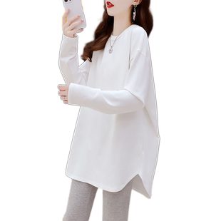 秋冬季加绒中长款内搭打底衫女纯棉宽松显瘦不规则长袖t恤上衣服