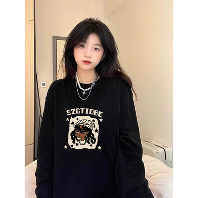 黑色纯棉长袖t恤女早秋宽松上衣