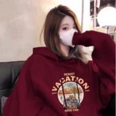 oversize连帽重磅酒红色卫衣女秋冬季 加绒加厚宽松慵懒风外套潮牌